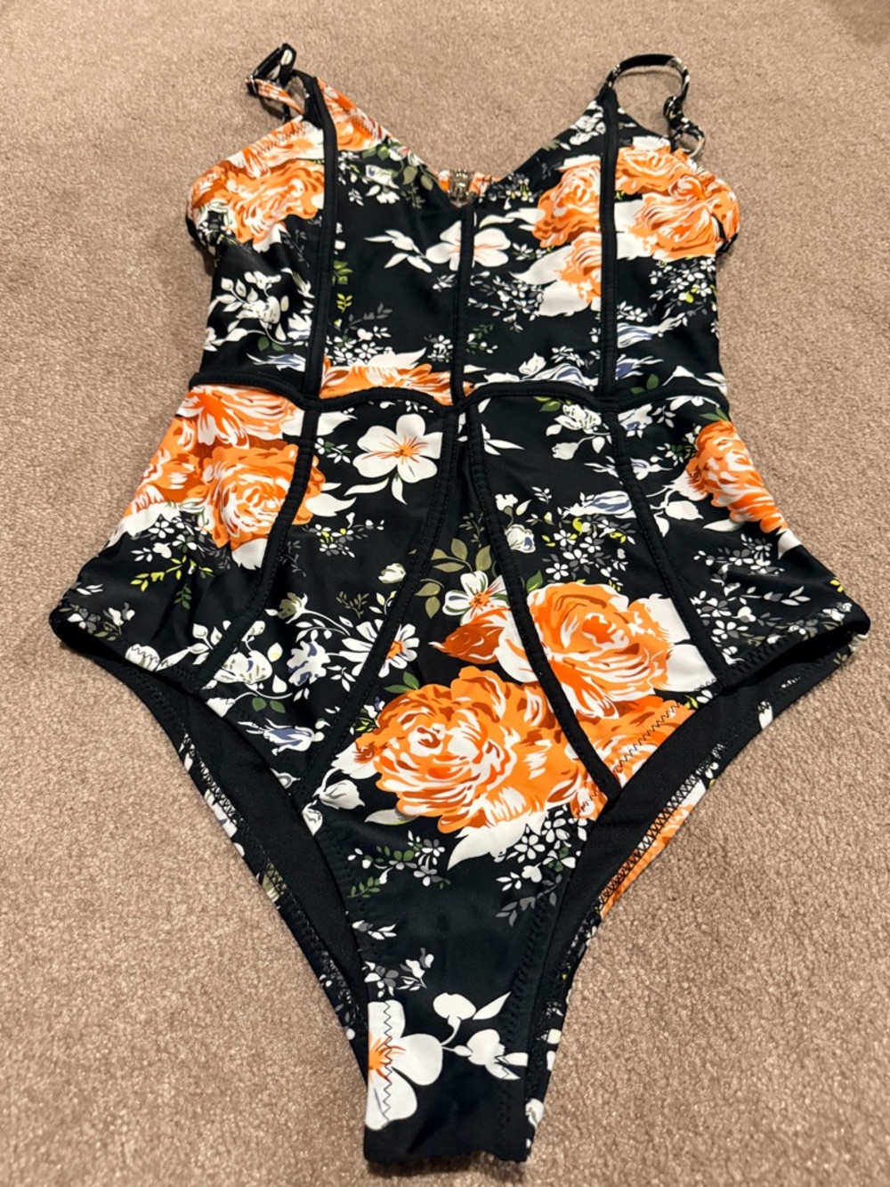 CUPSHE New without tags- Floral One-Piece Swimsuit in Black with Orange flowers